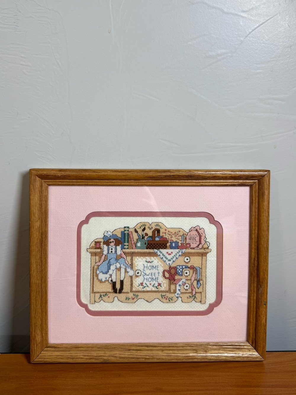 Vintage Handmade CrossStitch “home Sweet home” Cottagecore Folk Art Framed